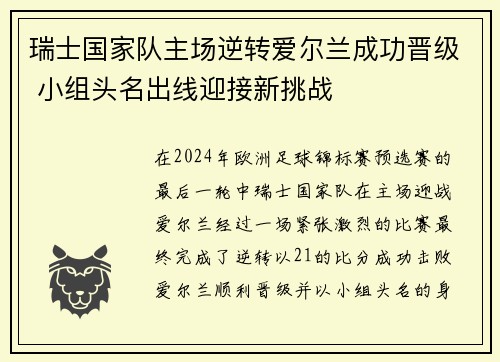 瑞士国家队主场逆转爱尔兰成功晋级 小组头名出线迎接新挑战