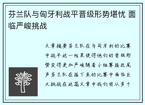 芬兰队与匈牙利战平晋级形势堪忧 面临严峻挑战