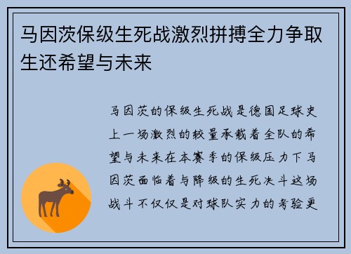 马因茨保级生死战激烈拼搏全力争取生还希望与未来