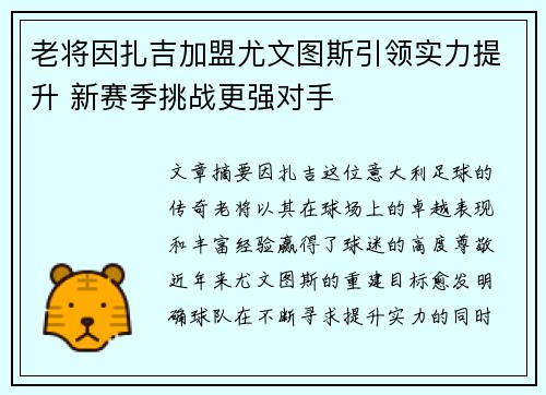 老将因扎吉加盟尤文图斯引领实力提升 新赛季挑战更强对手