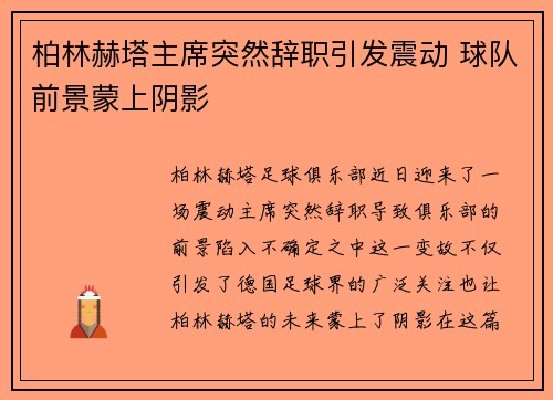 柏林赫塔主席突然辞职引发震动 球队前景蒙上阴影